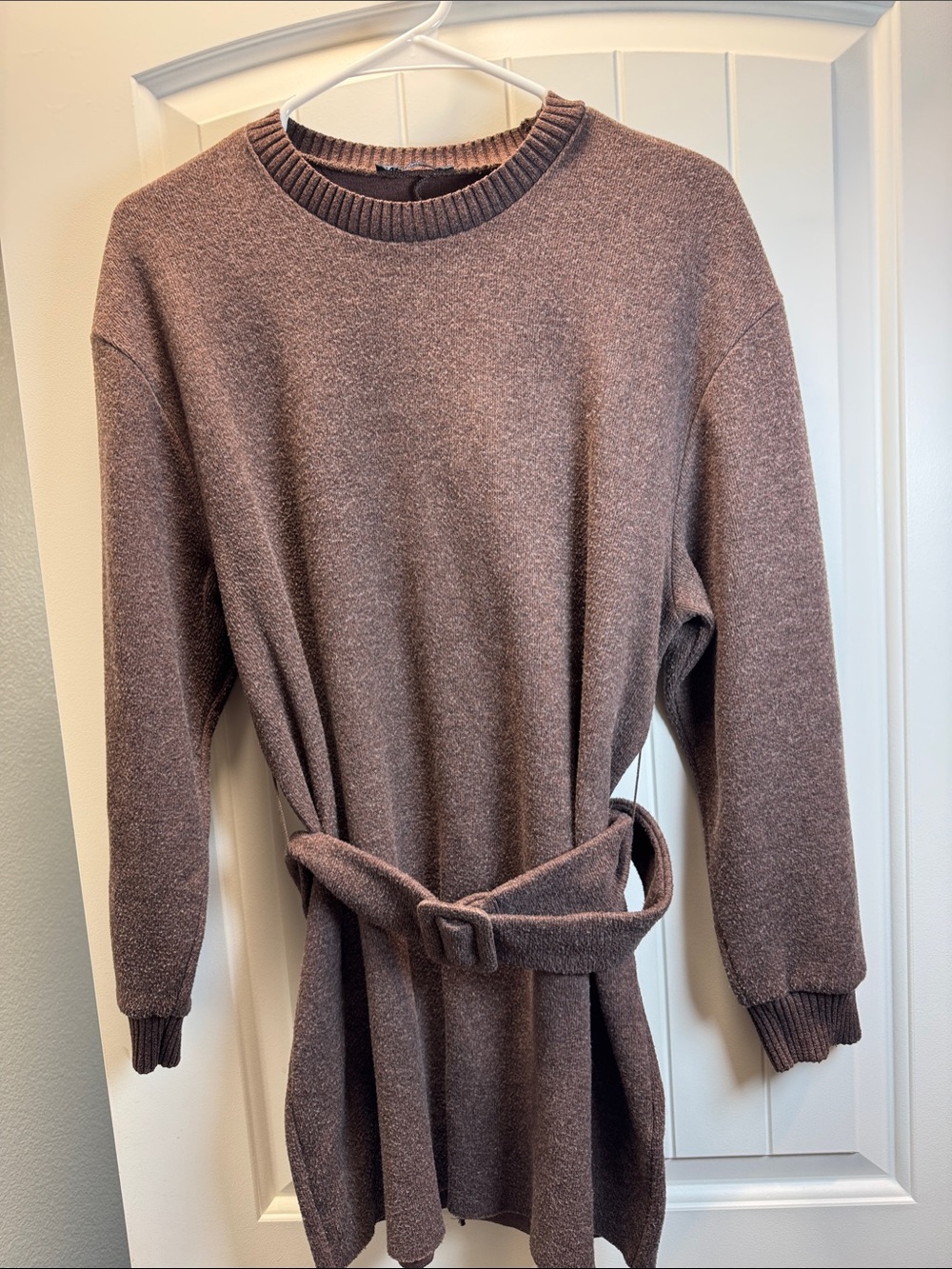 Crewneck Belted Women's Sweater Dress in Mauve